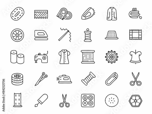 Collection of sewing and tailoring icons with thread, needles, and fabric tools