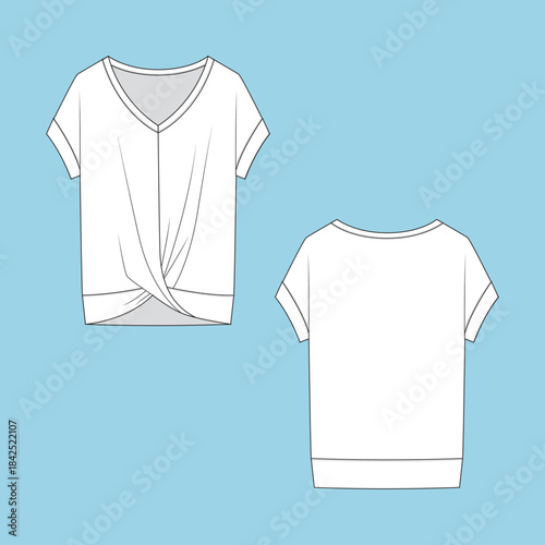 Textile Garment Flat Sketch with kids and women's different trims like front knot, cut & sew details  