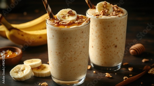 Creamy Banana Peanut Butter Smoothie with Banana Slices and Honey Drizzle in Cozy Morning Kitchen