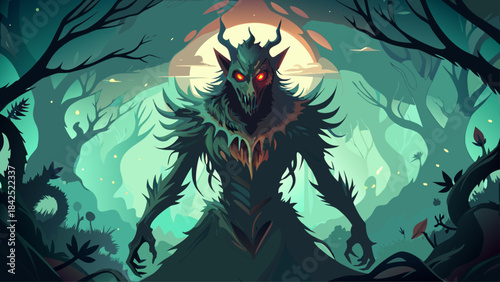 Very beautiful spooky depiction of a shadow-like creature from folklore, featuring dramatic silhouette, eerie posture, subtle textures, and clean vector composition ideal for fantasy and mythical conc