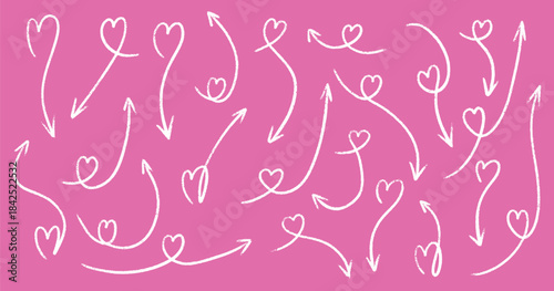 Hand drawn crayon hearts arrows and pointers in red marker style. Chalk sketch with pencil doodles, rough brush strokes and scribble textures. Romantic Valentine elements for creative designs.