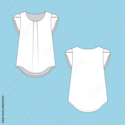 Textile Garment Flat Sketch with kids and women's different trims like front knot, cut & sew details  