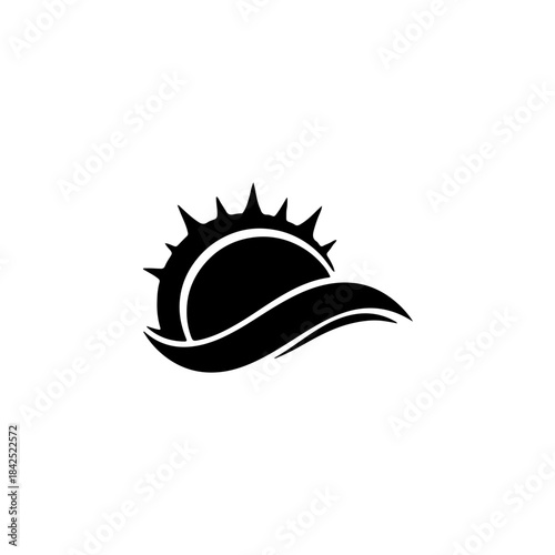 A striking abstract black and white logo featuring a spiky sun rising above a graceful wave isolated on transparent background