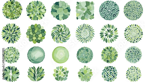 Collection of circular green watercolor illustrations of stylized plants and foliage Keywords: plants, foliage, green, watercolor