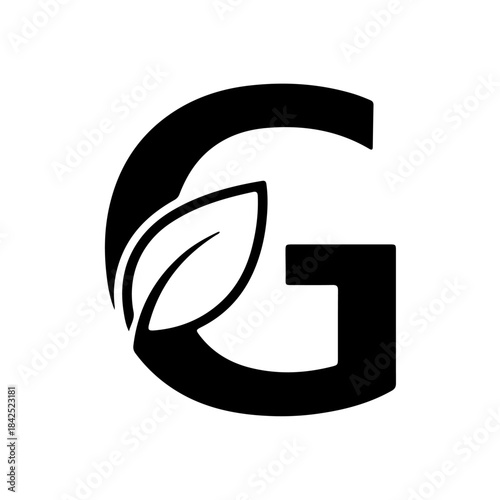A minimalist black and white letter g logo design incorporating a natural leaf symbol isolated on transparent background