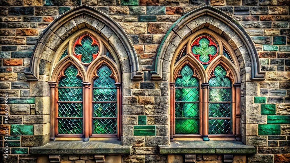 Fototapeta premium Gothic arched windows with stained glass detail on stone wall