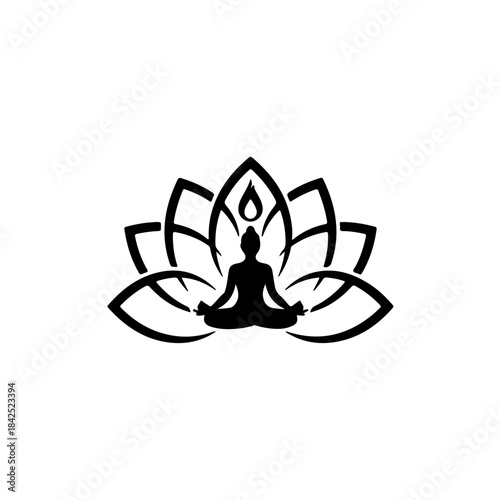 A silhouette of a meditating figure in a lotus flower, symbolizing peace and spirituality isolated on transparent background