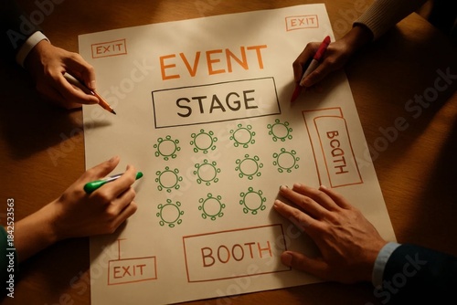 Team planning event layout together, drawing stage, booth and seating arrangement on large paper poster with colorful markers.