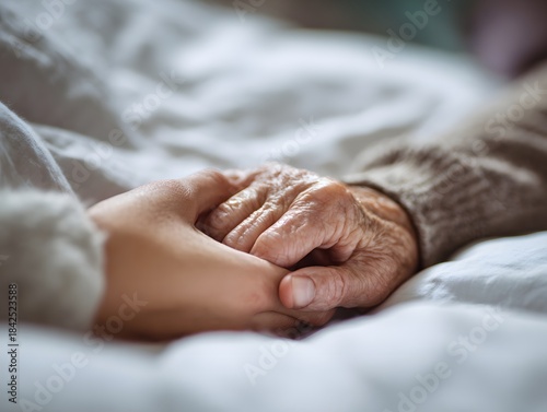 Close up of young and elderly hands holding together symbolizing care support and compassion