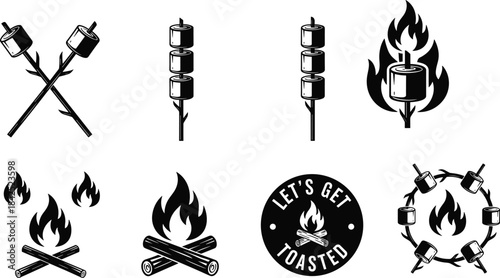 Vector illustration of campfire and marshmallow icons—symbols for outdoor cooking, camping fun, bonfire gatherings, and recreational fire safety reference
