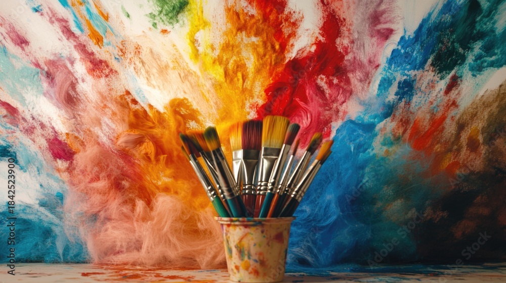 Fototapeta premium Creative explosion of colors from a paintbrush cup