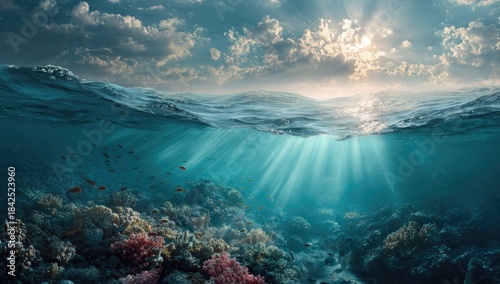 Fototapeta Naklejka Na Ścianę i Meble -  Sunlight pierces ocean surface illuminating coral reef and schools of fish