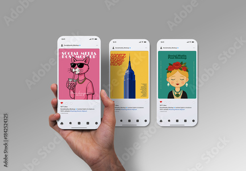 Social Media Post Mockup – Hand Holding App Screens (3 Objects)