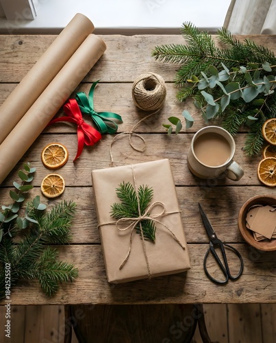Rustic Christmas Gift Wrapping Flatlay with Natural Holiday Decorations