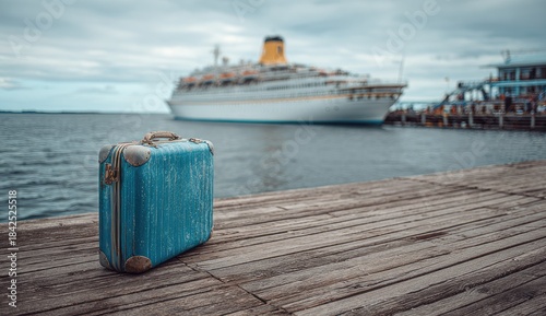Wallpaper Mural A weathered blue suitcase sits alone on a wooden dock awaiting a cruise ship Torontodigital.ca