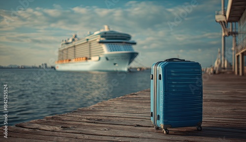 A blue suitcase stands on a pier next to a large ship