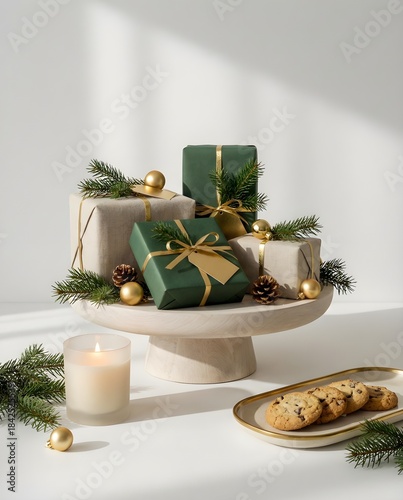 Elegant Christmas Gift Setup with Green Wrapping, Candle, Pine Branches, and Holiday Cookies