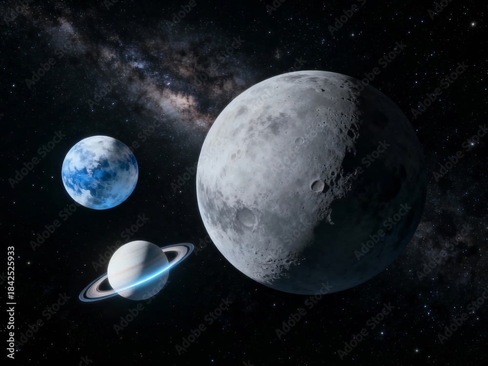Naklejka premium A celestial scene featuring a large moon, a blue planet, and a ringed planet against a starry background with the Milky Way visible.