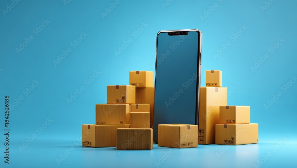 Fototapeta premium Smartphone surrounded by cardboard boxes on a light blue background