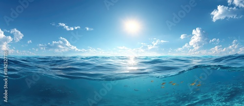 Panel kuchenny z motywem Bright sun shines over clear blue ocean with schools of fish below surface