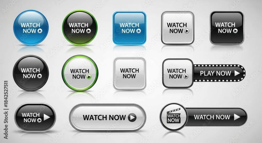 Fototapeta premium Glossy watch now button collection for web design showcasing diverse button styles