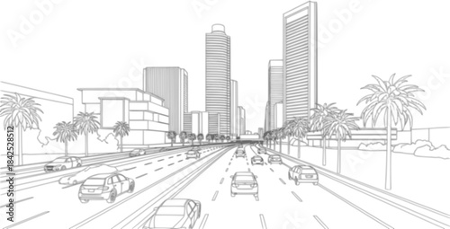 Cityscape, freeway, palm trees, architectural sketch, urban planning, Vector silhouette illustration isolated on white background	
