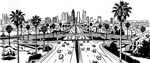 Cityscape, freeway, palm trees, architectural sketch, urban planning, Vector silhouette illustration isolated on white background	
