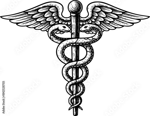 Rod of Asclepius staff medical symbol. Snake around rod or wooden staff. Often mistakenly called Caduceus. Doctor medicine and health care icon. Vintage woodcut etching style. Also features wings.