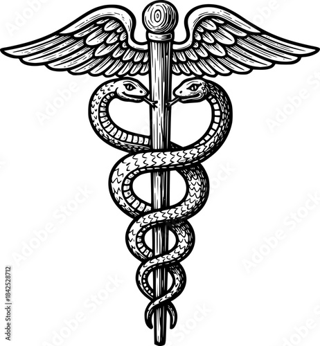 Rod of Asclepius staff medical symbol. Snake around rod or wooden staff. Often mistakenly called Caduceus. Doctor medicine and health care icon. Vintage woodcut etching style. Also features wings.