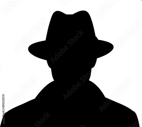 Mysterious Figure in Fedora: A stark black and white silhouette of a man in a fedora, symbolizing mystery, intrigue, and anonymity. The image is simple yet.
