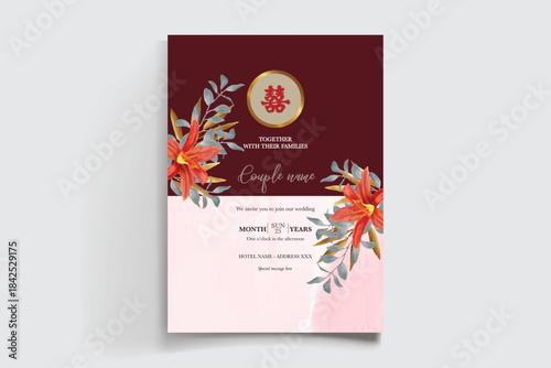 WEDDING INVITATION FRAME WITH FLOWER DECORATIONS AND FRESH LEAVES