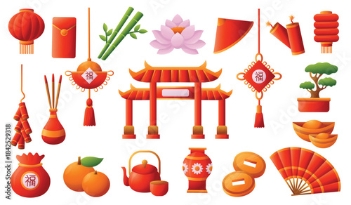 Chinese Lunar New Year Traditional Elements Gradient Set