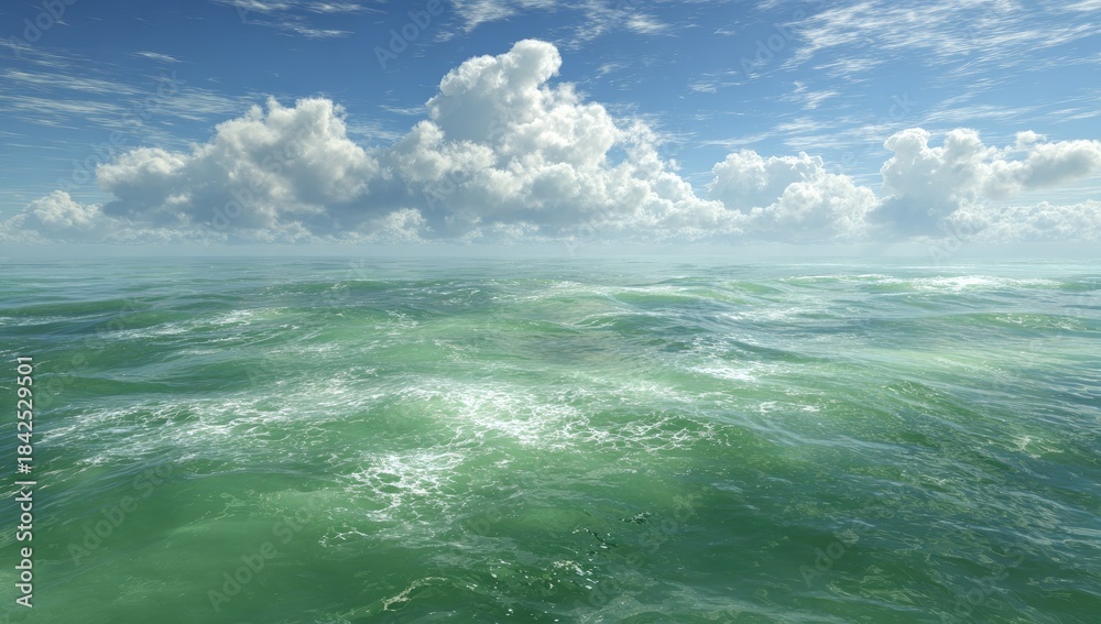 Fototapeta premium Vast ocean under a cloudy sky with gentle waves, vibrant green water