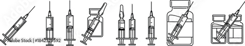 Vector illustration of syringes and vials—medical injection equipment, vaccination tools, pharmaceutical supplies, and healthcare treatment reference for clinical use
