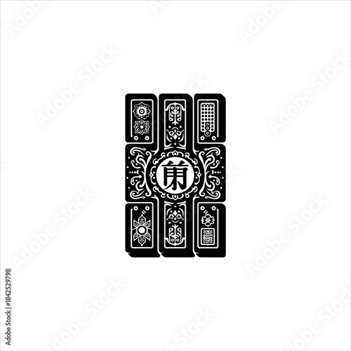 Mahjong tile shapes arranged as a clean black vector emblem design. Game icon concept