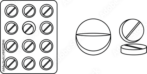 Vector illustration of tablets and blister pack—oral medication, pharmaceutical dosage, pill forms, healthcare packaging, and medical treatment reference