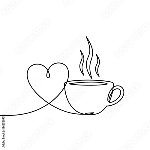 Simple line drawing of a cup of coffee with heart  