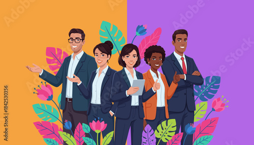 Diverse team of smiling business professionals presenting concepts in a colorful vibrant illustration