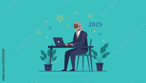 Executive planning 2025 business goals on laptop Future success and productivity concept