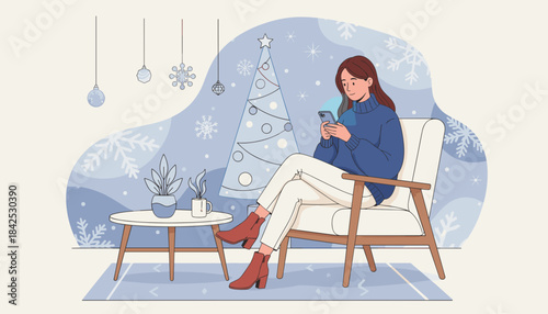 Woman relaxing at home using a smartphone in a cozy decorated room during the winter holidays