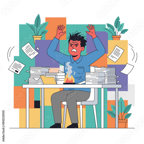 Frustrated employee overwhelmed by workload symbolizing work pressure stress and burnout concept