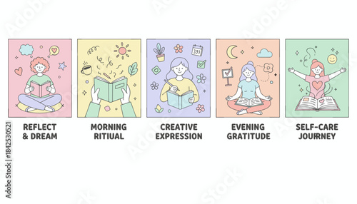 Vector illustration of five daily selfcare rituals journaling reflection gratitude and creative expression