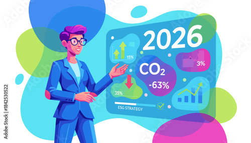 ESG strategy presentation Businesswoman analyzes CO2 reduction and sustainability metrics for 2026