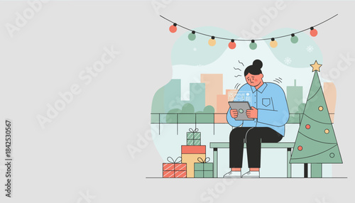 Holiday work stress Anxious person uses tablet near Christmas tree and gifts in city setting