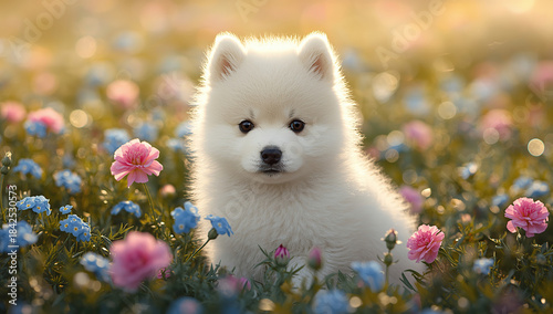 A fluffy white samoyed puppy sitting peacefully between blooming carnations and forget-me-nots in warm sunlight