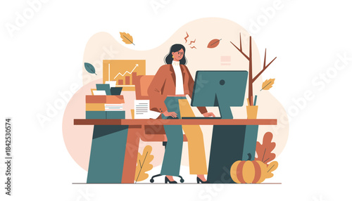 Overworked businesswoman facing office stress pile of documents and autumn deadlines