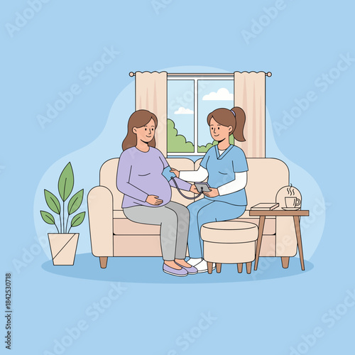 Home healthcare visit Nurse checks expectant mothers blood pressure during a prenatal consultation