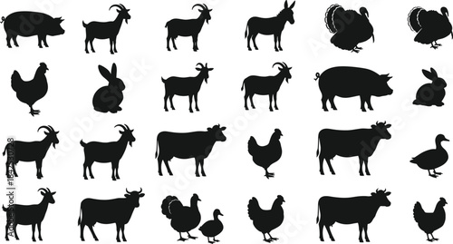 Farm animal silhouette collection featuring diverse livestock shapes, perfect for vector illustration, agricultural design elements, rural themes, and creative artwork projects, black icons
