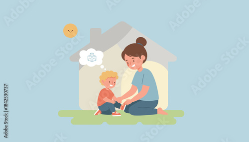 Loving mother helps her young child outdoors Family care playtime and childhood imagination
