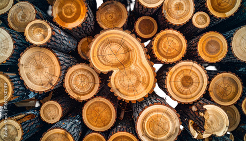 Overhead view of a stack of freshly cut logs showing concentric rings and texture